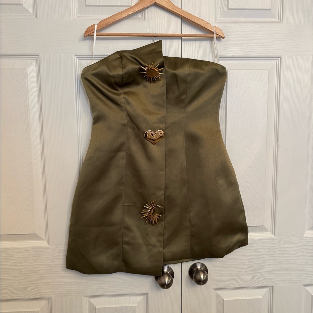 Commense Olive Green Strapless Dress with Gold Accents